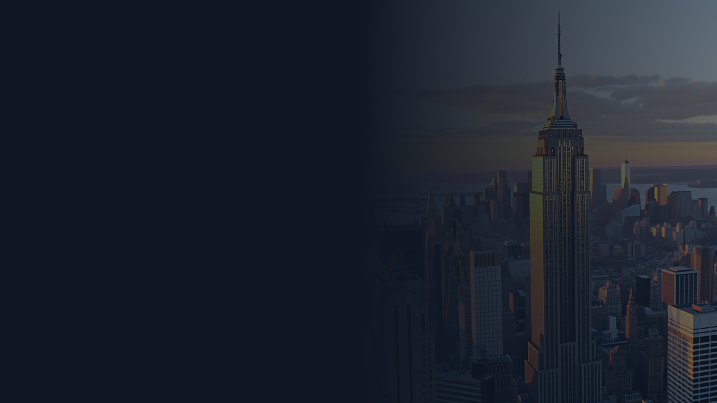 The Manhattan skyline at dusk, Empire State Building lit by the setting sun